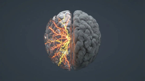 Split-view medical illustration comparing the chaotic neural activity of ADHD with the heavy mental cloudiness of brain fog.