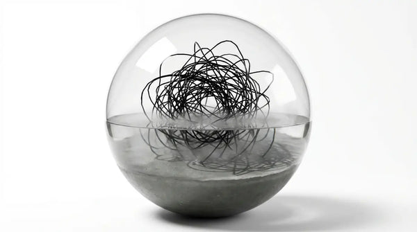 Conceptual medical art showing a chaotic wire tangle trapped in heavy concrete, representing the conflict between anxiety and depression causing brain fog.