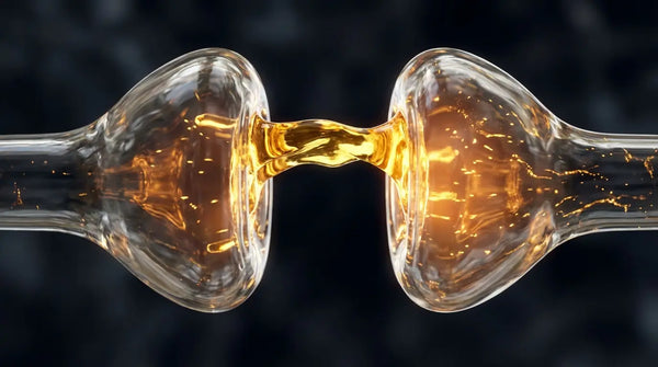 Macro visualization of a glass synapse being bridged by a thick golden liquid, lighting up the nerve endings to represent restored brain signaling.