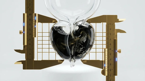 A glass prostate filled with turbulent black energy but contained by a rigid golden caliper, visualizing the vitality benefits of Black Maca without prostate enlargement