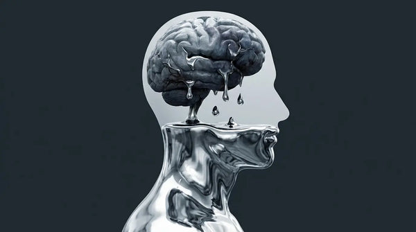 Conceptual medical illustration of heavy metal toxicity, showing liquid mercury accumulating in a human silhouette causing cognitive decline and brain fog.