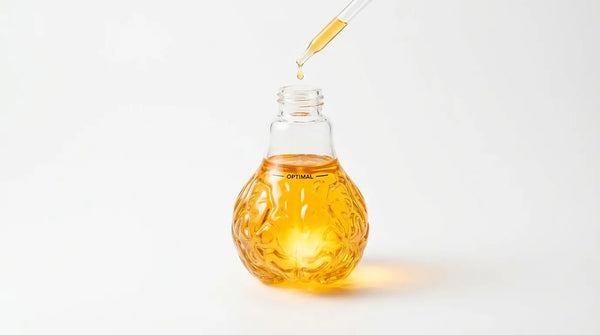 Studio photography of a glass lightbulb vessel filled to the perfect level with glowing golden liquid, visualizing the 200mg dosage of Phosphatidylserine as the optimal saturation point for cognitive energy