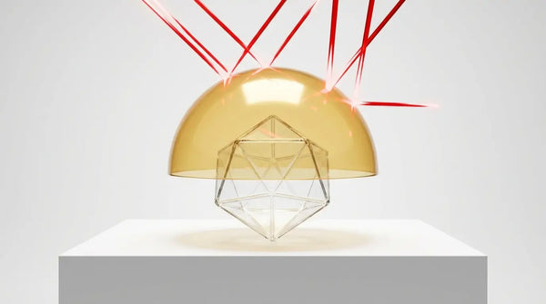 Studio photography of a fragile glass geometric shape protected from sharp red light by a golden dome from a Phosphatidylserine capsule, visualizing the protection of the hippocampus from cortisol-induced atrophy.