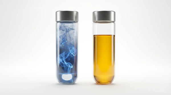 Studio comparison of a glass capsule filled with fading blue smoke versus one filled with dense golden liquid, visualizing the difference between temporary stimulation and sustained metabolic energy