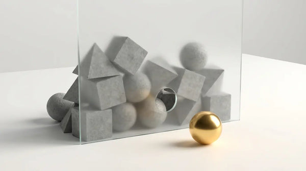 Studio photography of a golden sphere passing through a glass barrier while grey shapes remain stuck behind, visualizing the superior absorption and blood-brain barrier permeability of 5-HTP compared to Tryptophan.