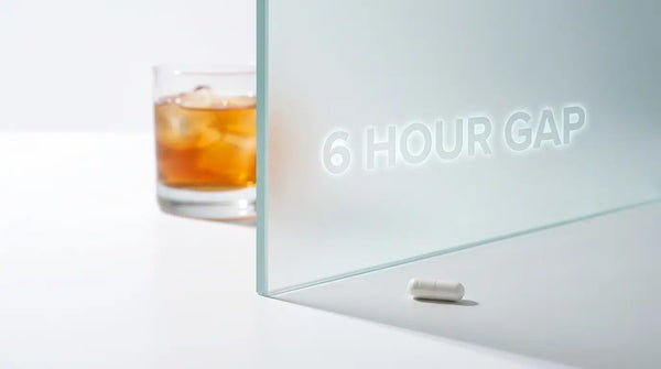 Studio photography of a 5-HTP capsule separated from a wine glass in the background, visualizing the recommended 6-hour safety gap between supplements and alcohol to prevent interactions.
