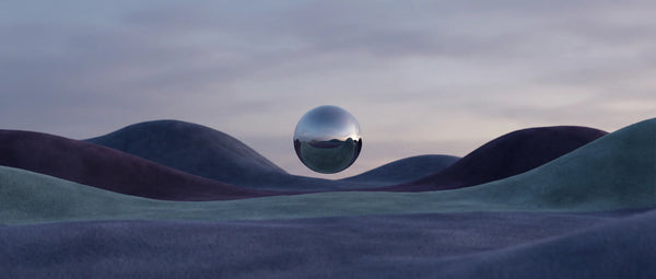 Abstract surreal landscape with a floating sphere representing the deep, restorative sleep cycles and mental calm promoted by 5-HTP and melatonin production.
