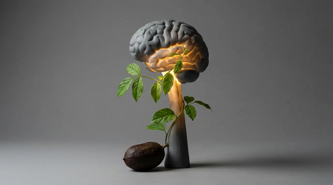 A dormant, grey ceramic brain stem sculpture beginning to glow with warm golden light as a Griffonia vine wraps around it, visualizing 5-HTP reigniting mood and energy as a natural alternative for depression.