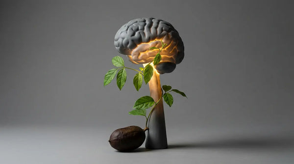 A dormant, grey ceramic brain stem sculpture beginning to glow with warm golden light as a Griffonia vine wraps around it, visualizing 5-HTP reigniting mood and energy as a natural alternative for depression.