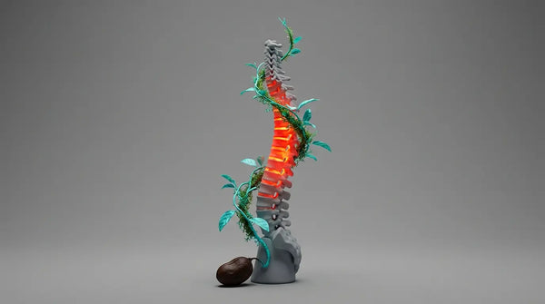 A glowing, overheated ceramic sculpture being cooled by a vine growing from a Griffonia seed, visualizing the regulation of overactive pain signals and inflammation in fibromyalgia.
