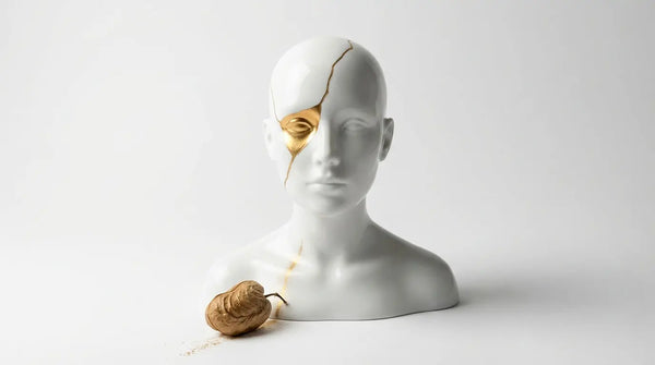 Minimalist white porcelain bust with a golden kintsugi crack repair on the temple next to a Griffonia seed pod, visualizing the pain relief and serotonin repair 5-HTP offers for migraines.