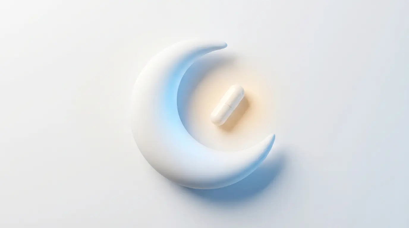 Studio photography of a 5-HTP capsule resting in the curve of a white crescent moon prop, visualizing the synergistic benefits of combining 5-HTP and Melatonin for better sleep.
