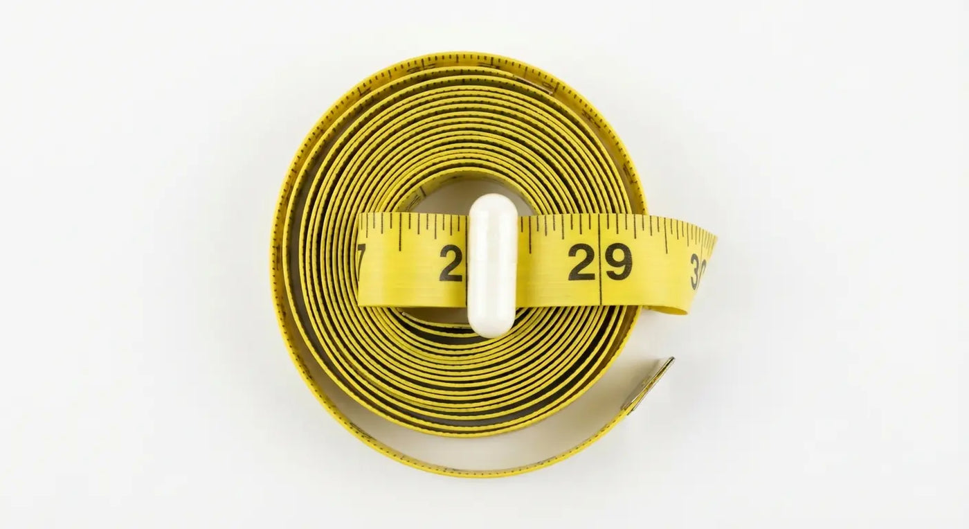 Minimalist photography of a yellow measuring tape coiled around a white 5-HTP capsule, symbolizing the weight loss and appetite suppression benefits of the supplement.