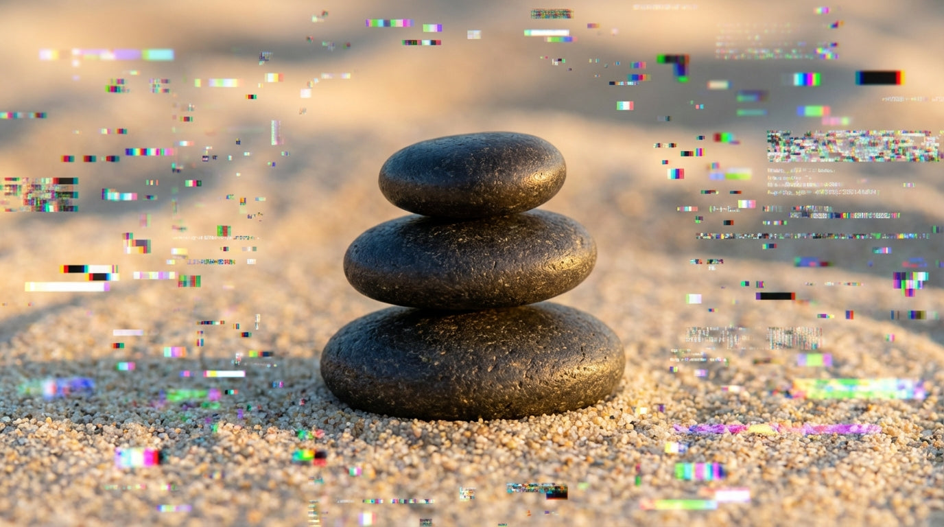 Zen art of balanced river stones creating a clear shield against chaotic digital noise, symbolizing the mental clarity and focus gained from a dopamine detox.