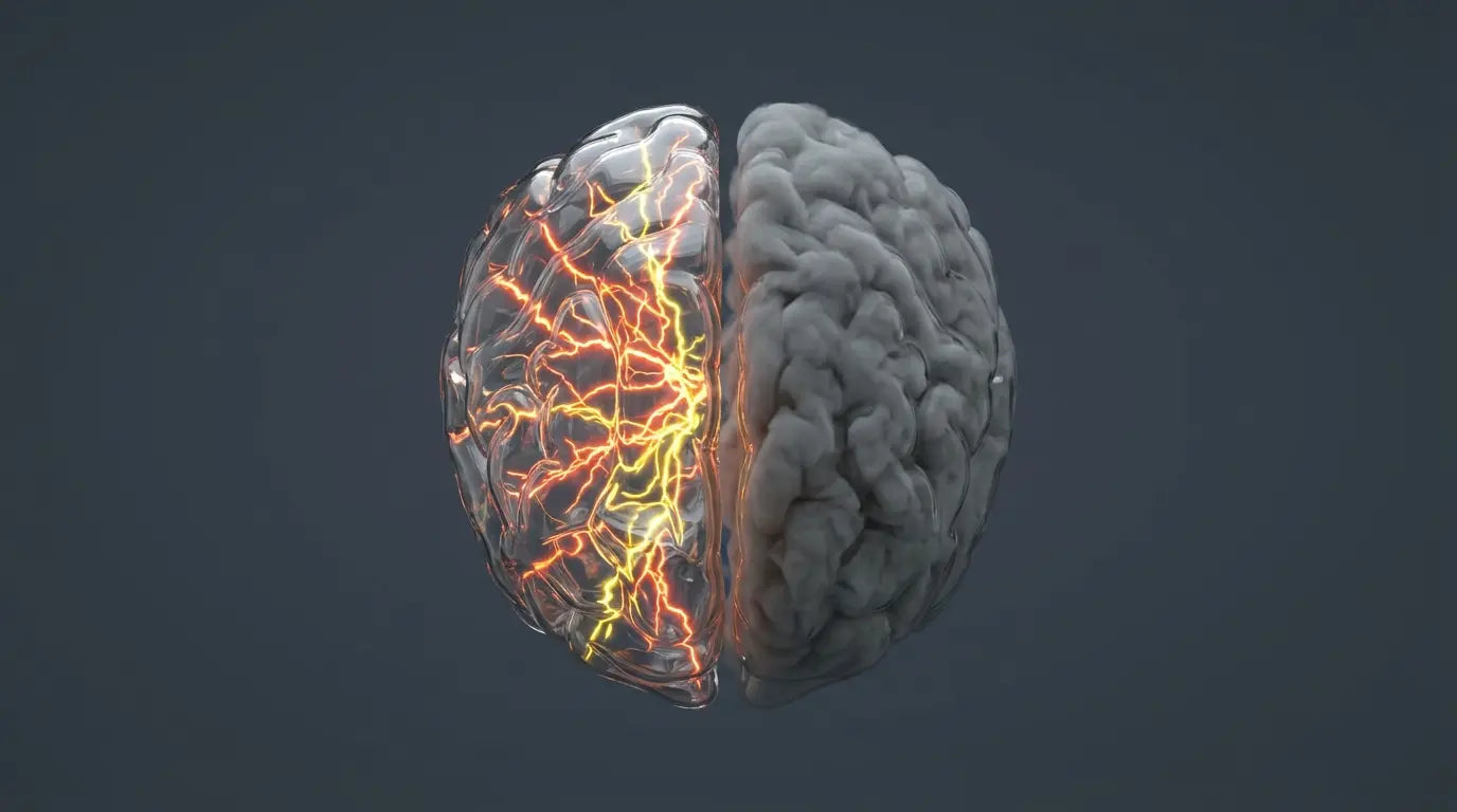 Split-view medical illustration comparing the chaotic neural activity of ADHD with the heavy mental cloudiness of brain fog.