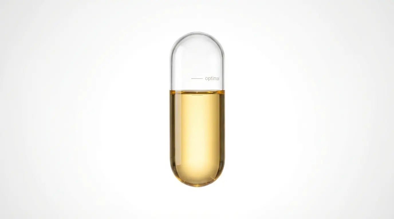 A glass capsule filled exactly to the optimal level with calm liquid gold, visualizing the therapeutic window and safe dosage of Alpha-Lipoic Acid.