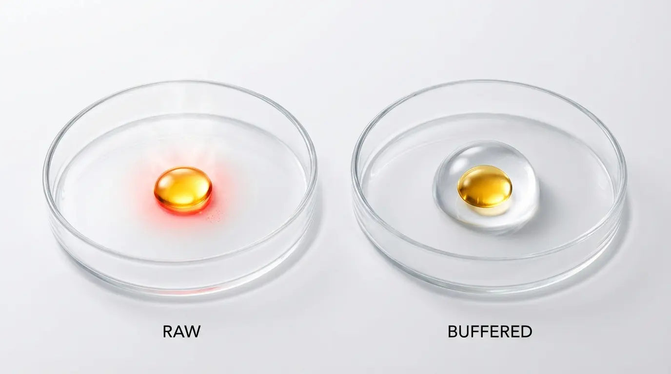 Comparison of a raw golden drop causing a red heat spot versus a buffered drop floating safely in water, visualizing how hydration prevents Alpha-Lipoic Acid heartburn.