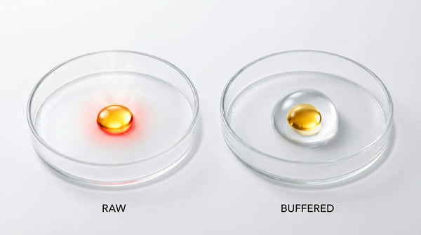 Comparison of a raw golden drop causing a red heat spot versus a buffered drop floating safely in water, visualizing how hydration prevents Alpha-Lipoic Acid heartburn.