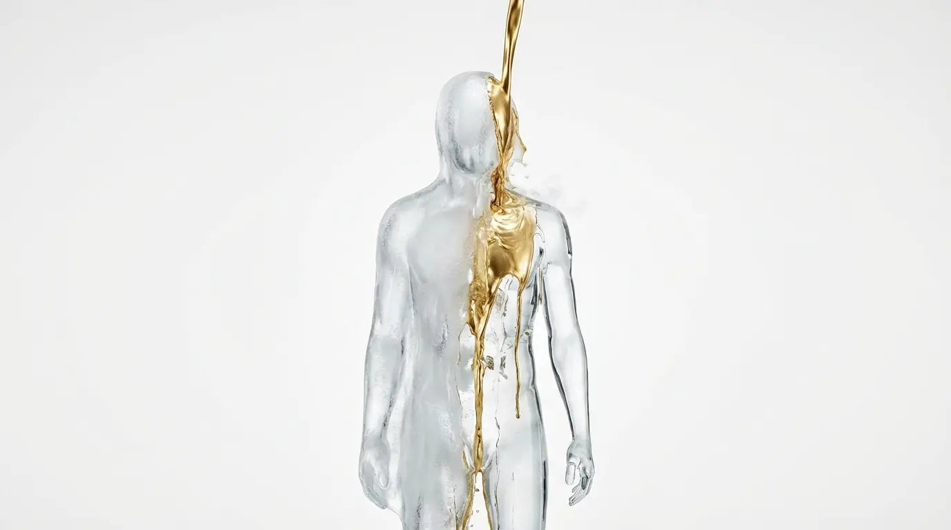 Liquid gold pouring over a heavy frosted glass figure and melting away the outer layer to reveal a sleek transparent form, visualizing the weight loss and body composition benefits of Alpha-Lipoic Acid.
