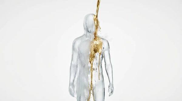 Liquid gold pouring over a heavy frosted glass figure and melting away the outer layer to reveal a sleek transparent form, visualizing the weight loss and body composition benefits of Alpha-Lipoic Acid.