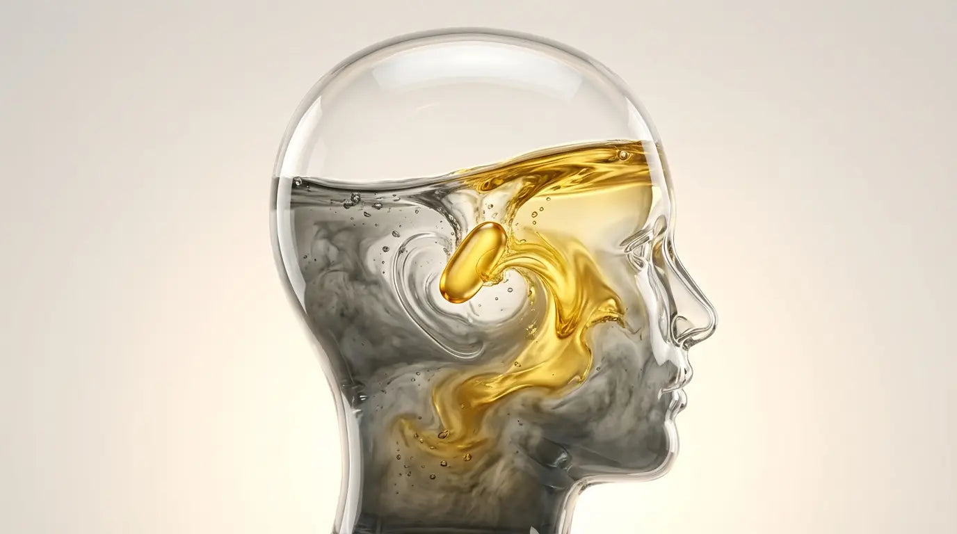 Transparent glass head filled with dark murky liquid being cleared by a swirling golden oil from a Benfotiamine capsule.