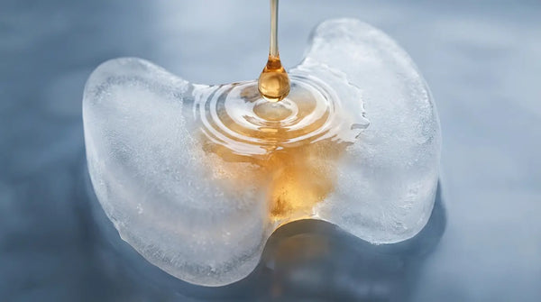 Frosted ice thyroid melting into clear glass under a warm golden drop, visualizing Benfotiamine restoring slow metabolism.