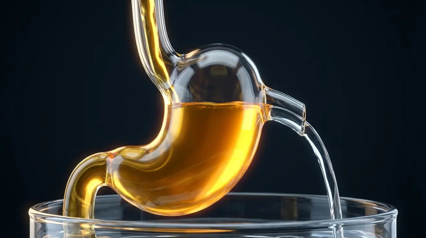 Transparent glass torso absorbing golden Benfotiamine liquid with a clear overflow stream, visualizing its non-toxic, self-regulating safety profile.