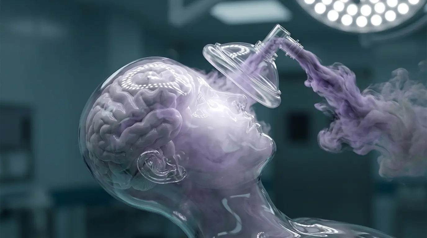 Medical illustration of an anesthesia mask lifting off a glass brain, symbolizing recovery from postoperative brain fog and anesthesia side effects.