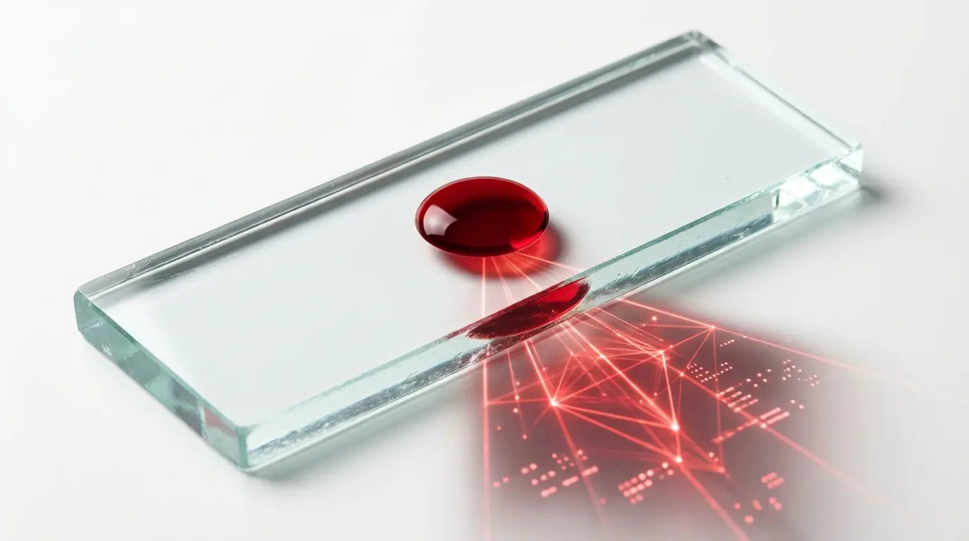 Artistic macro shot of a blood sample on a glass slide refracting light into a focused pattern, visualizing the diagnostic insights gained from a brain fog blood test.