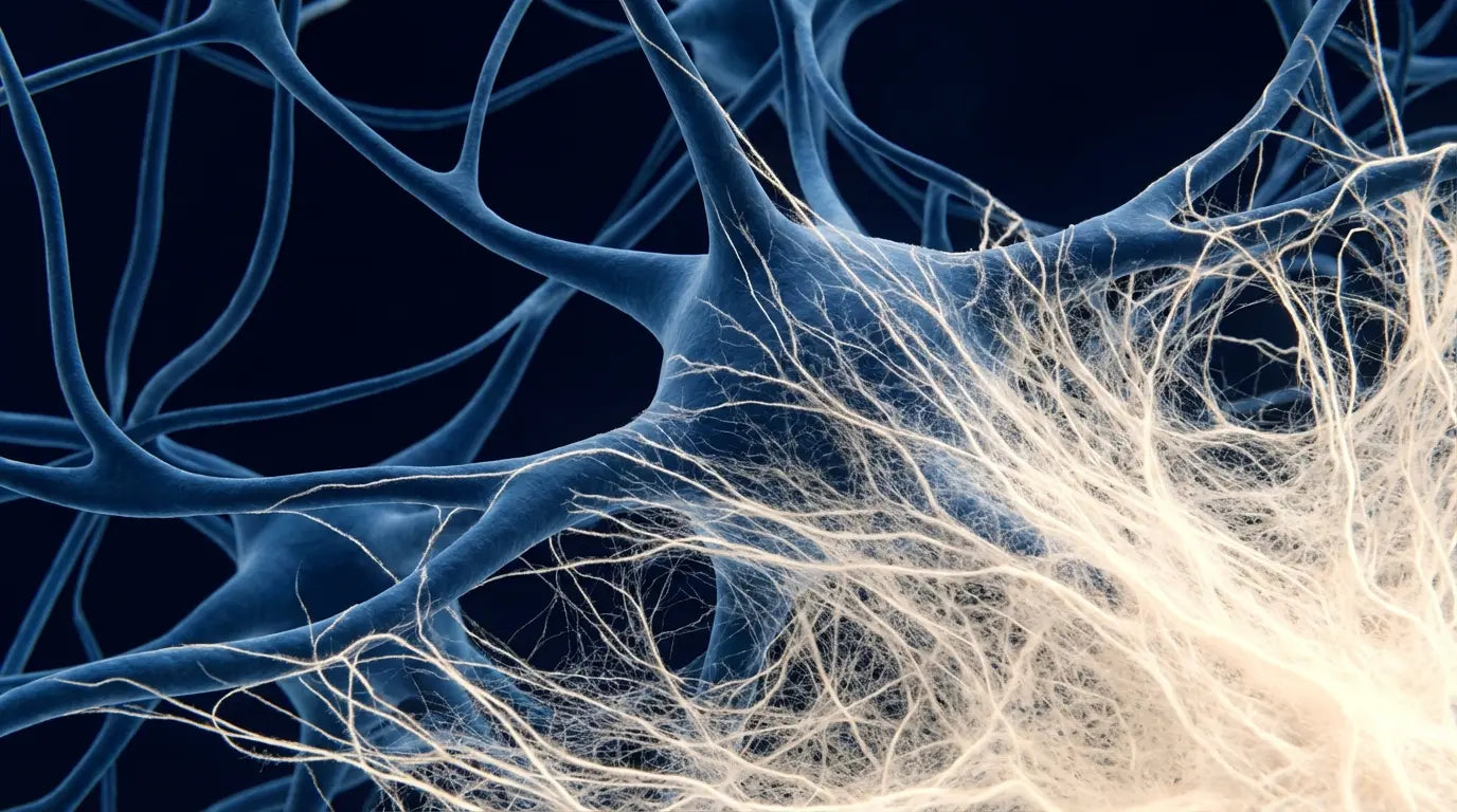 Microscopic medical illustration of candida fungal overgrowth (mycelium) attacking healthy neural tissue, visualizing the cause of candida brain fog.