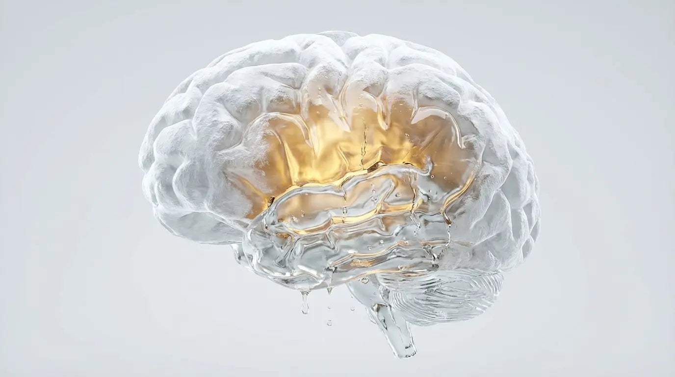 Conceptual medical illustration of a frozen brain thawing and glowing with warm light, representing cognitive recovery from chemotherapy-induced brain fog.