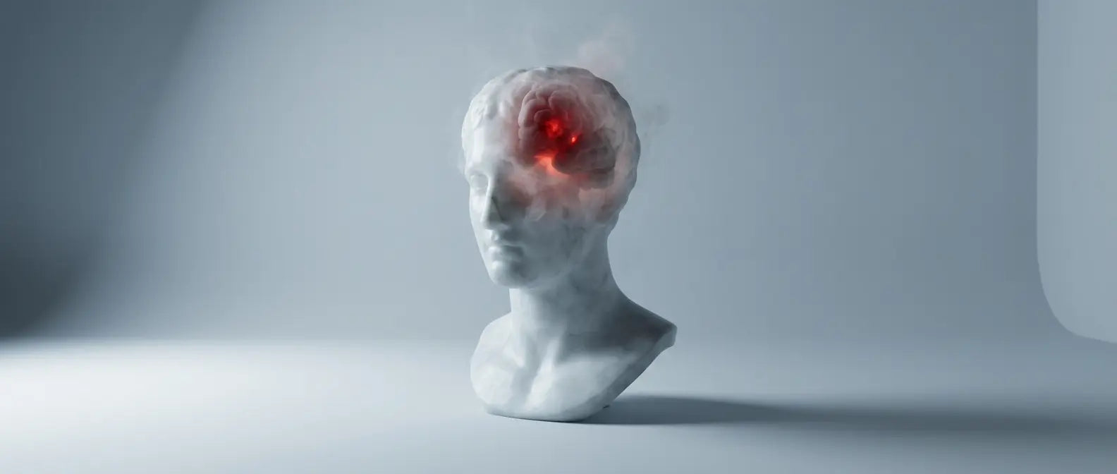 Surreal illustration of a translucent marble head with a glowing red ember inside, representing the burning sensation and cognitive clouding caused by chronic neuroinflammation.