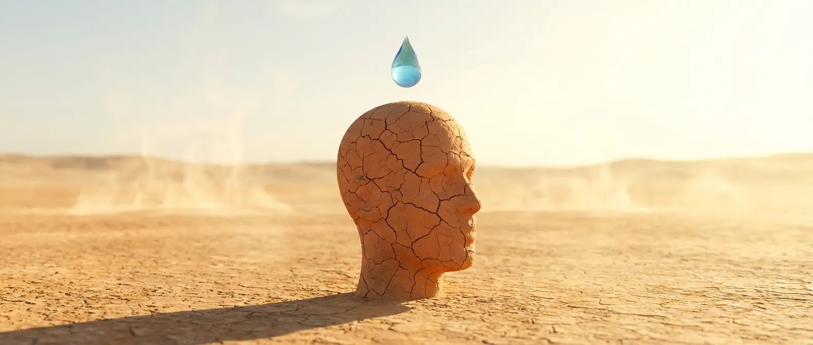Surreal illustration of a human head made of dry, cracked earth with a water droplet above, symbolizing the cognitive decline and brain fog caused by dehydration.