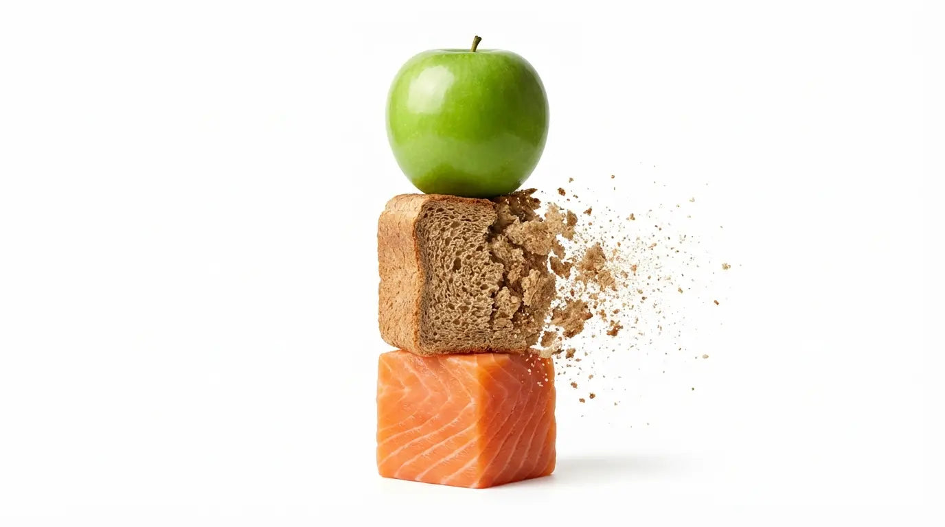Minimalist art of a salmon and apple stack interrupted by a disintegrating bread block, symbolizing the identification and removal of inflammatory food triggers.