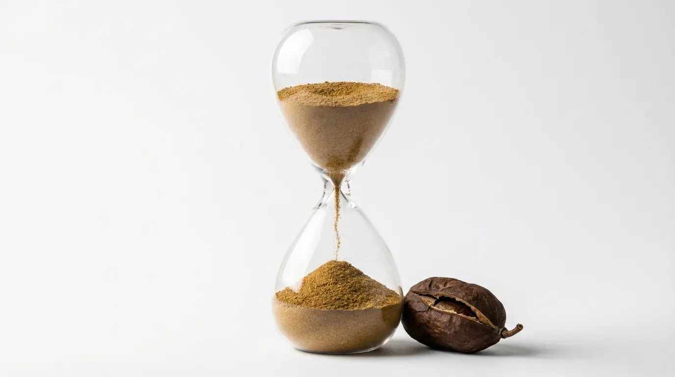 Studio photography of an hourglass filled with Griffonia seed powder next to a dried seed pod, visualizing the cumulative time required for 5-HTP to build serotonin levels.
