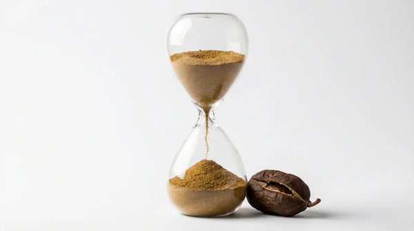 Studio photography of an hourglass filled with Griffonia seed powder next to a dried seed pod, visualizing the cumulative time required for 5-HTP to build serotonin levels.