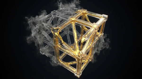 Liquid gold repairing a crumbling glass lattice, visualizing Huperzine A preserving neural structure against Alzheimer's degeneration.