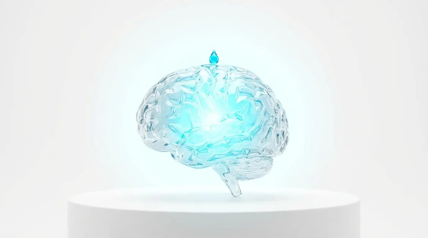 A single glowing blue drop touching a clear glass brain and instantly turning the entire structure into a radiant cyan light, visualizing the high potency of a Huperzine A micro-dose.