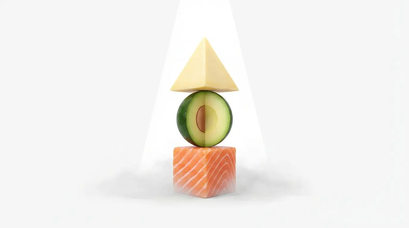 Minimalist art of geometric keto foods (salmon, avocado, cheese) stacked to symbolize nutritional clarity, representing the keto diet remedy for brain fog.