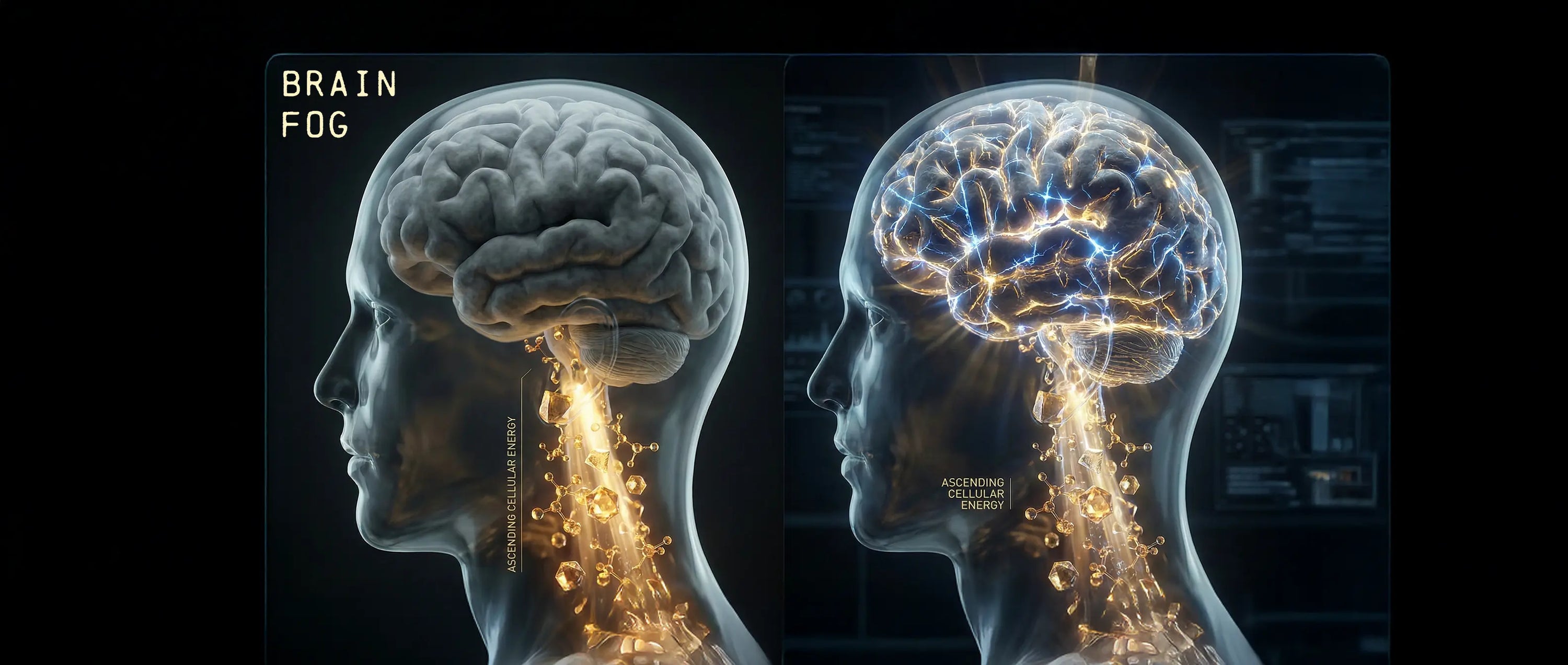 3D medical illustration showing golden L-Glutamic Acid and Benfotiamine molecules rising into the brain to fuel synaptic firing, clearing grey brain fog and activating neural pathways.