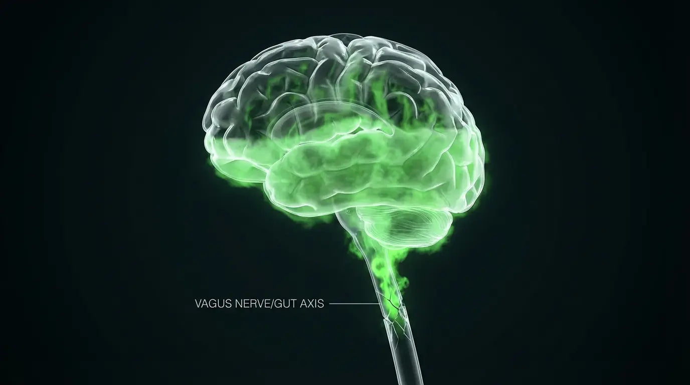 Medical illustration of the gut-brain axis, showing toxins from leaky gut rising to cause neuroinflammation and brain fog.