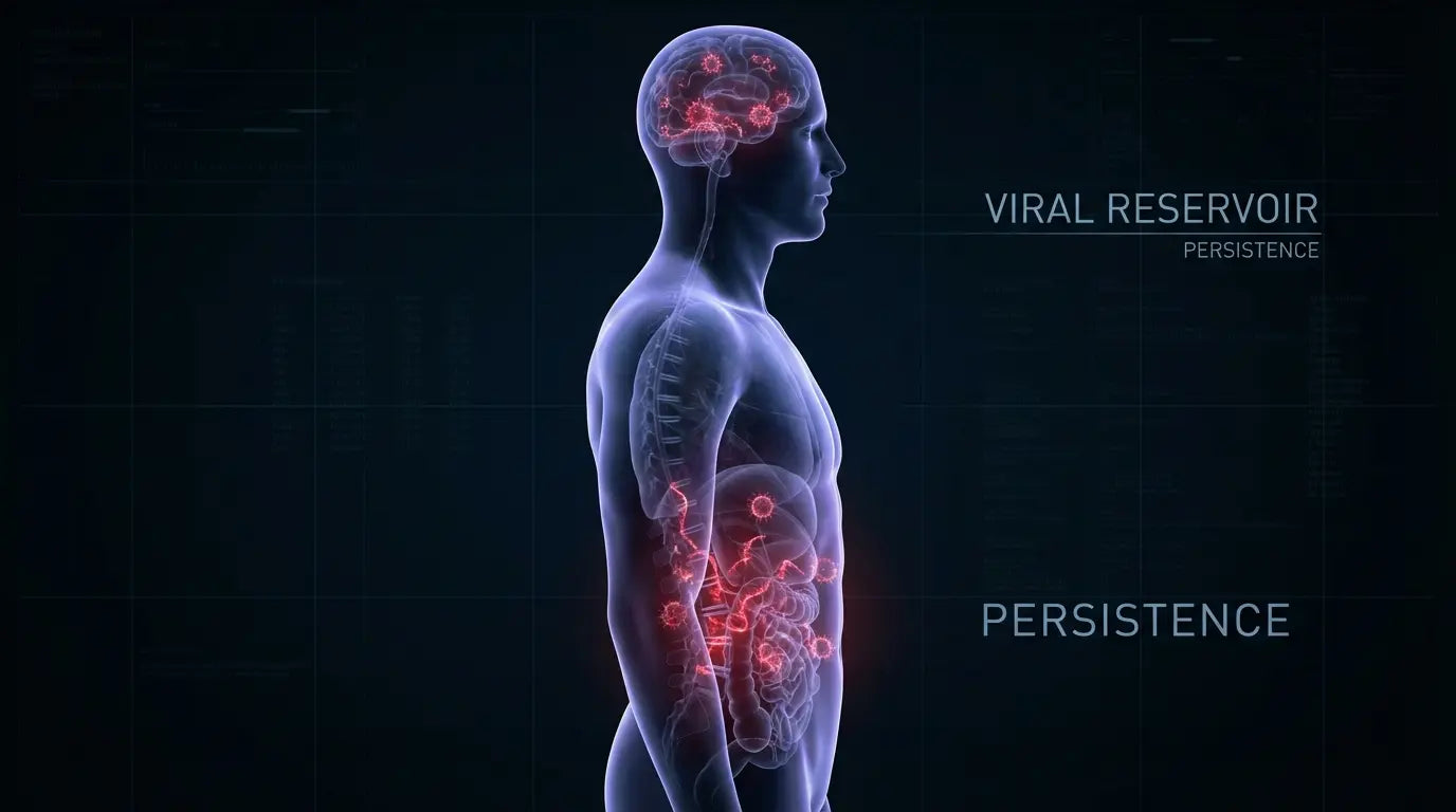 Medical illustration showing glowing red viral reservoirs hiding in the brain and gut of a human silhouette, visualizing viral persistence causing neuroinflammation and long COVID brain fog.