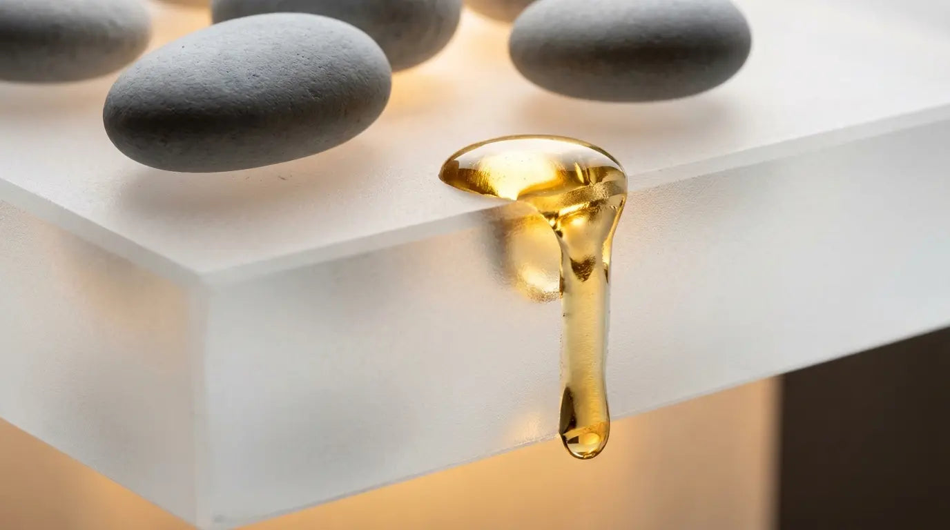 Artistic photography of a golden drop passing through frosted glass while grey stones remain on top, visualizing Magnesium L-Threonate effectively crossing the blood-brain barrier.