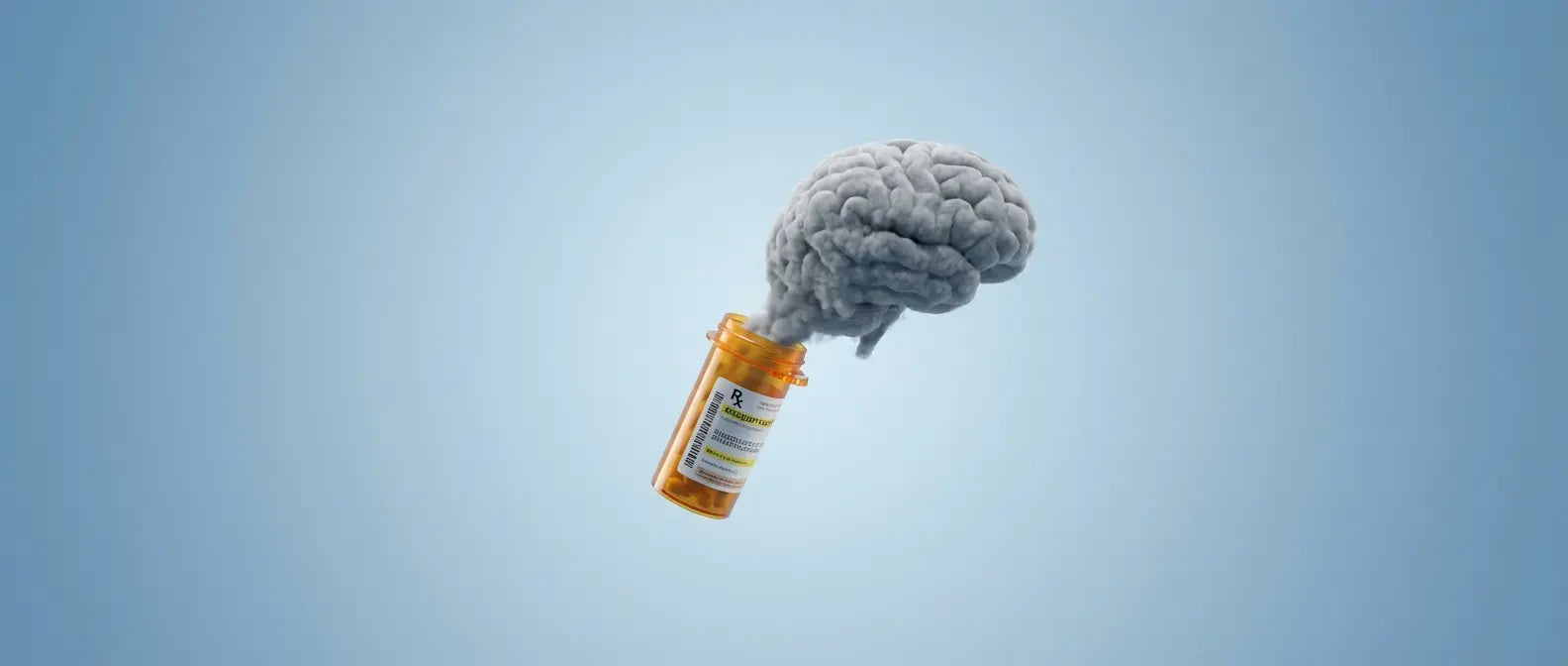 Surreal illustration of a prescription bottle releasing a cloud of gray fog shaped like a human brain, symbolizing the cognitive side effects and brain fog caused by certain medications.