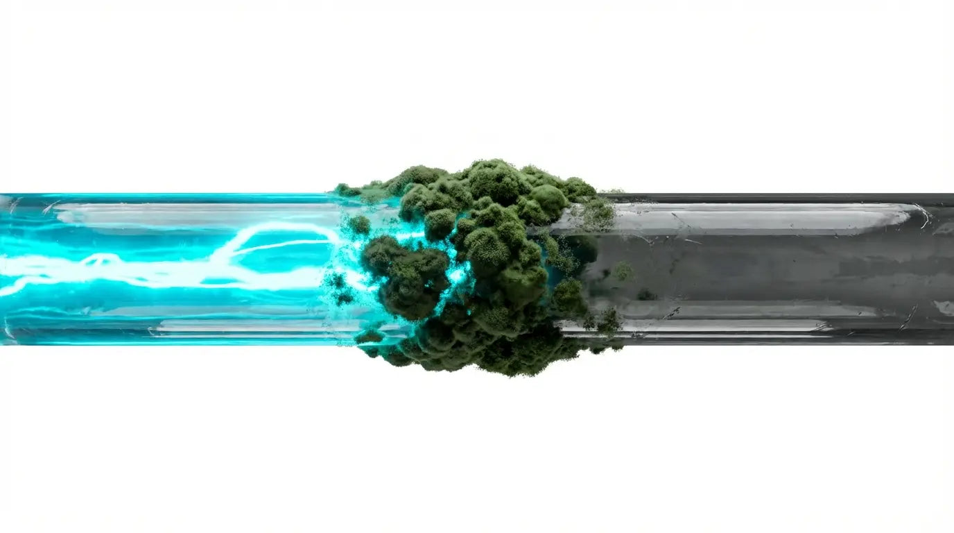 Minimalist medical illustration showing a single mold spore blocking a neon neural signal, representing the cognitive disruption of mold exposure.