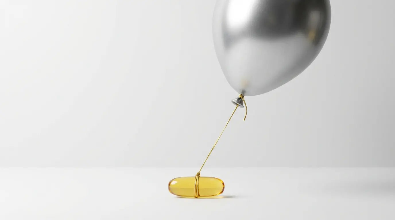 Studio photography of a floating silver balloon anchored to the ground by a single Phosphatidylserine capsule, visualizing how the supplement lowers cortisol to cure the 'tired but wired' feeling.