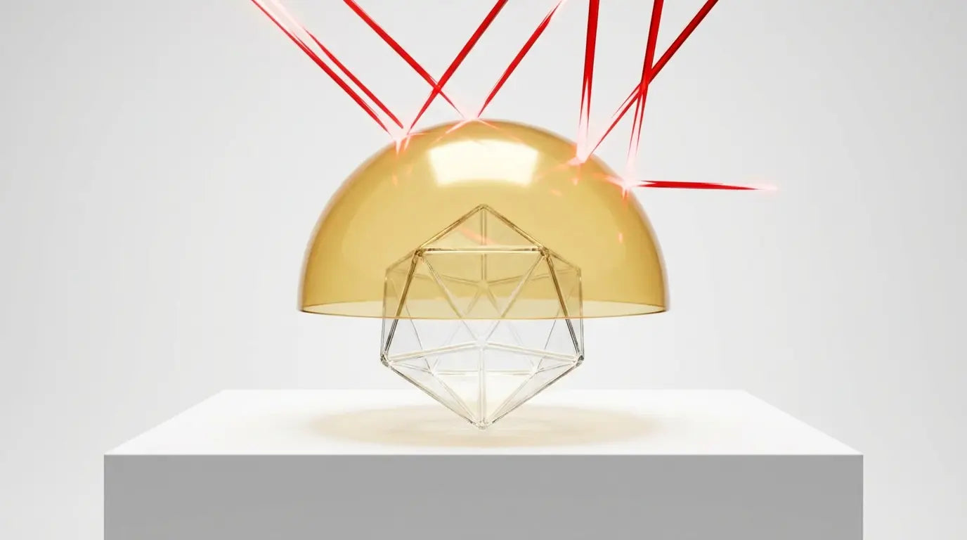 Studio photography of a fragile glass geometric shape protected from sharp red light by a golden dome from a Phosphatidylserine capsule, visualizing the protection of the hippocampus from cortisol-induced atrophy.