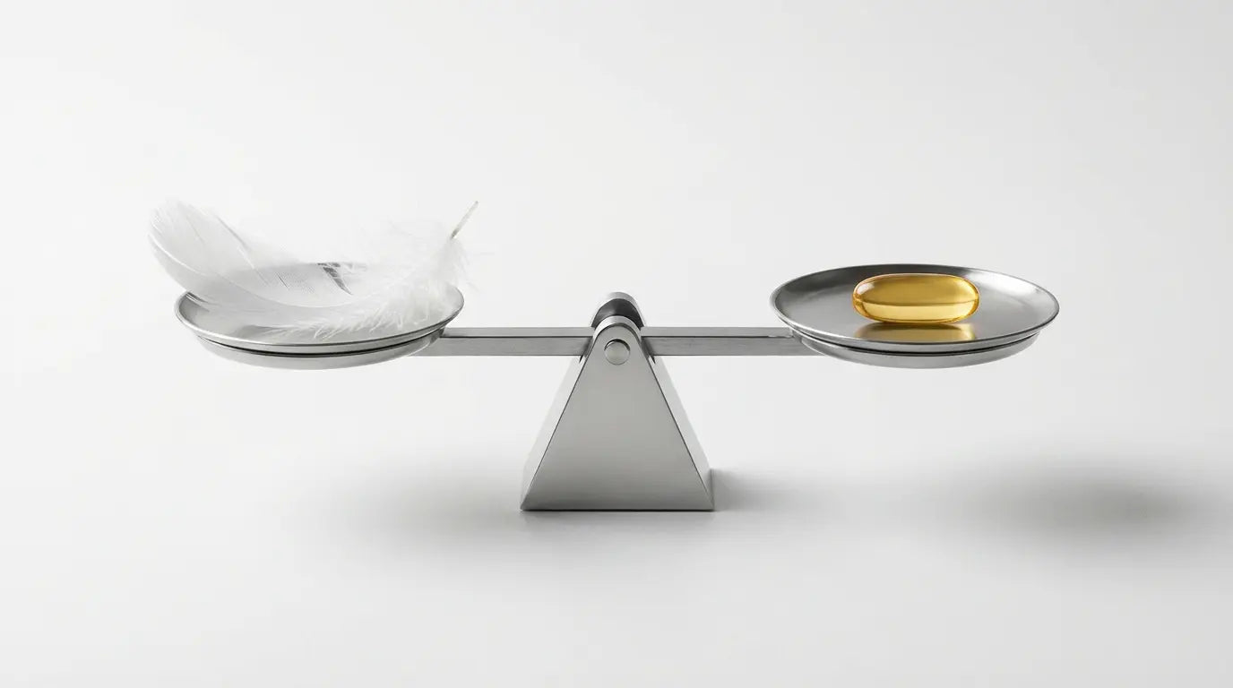 Studio photography of a Phosphatidylserine capsule balancing perfectly with a white feather on a scale, visualizing the supplement's gentle safety profile and minimal side effects.