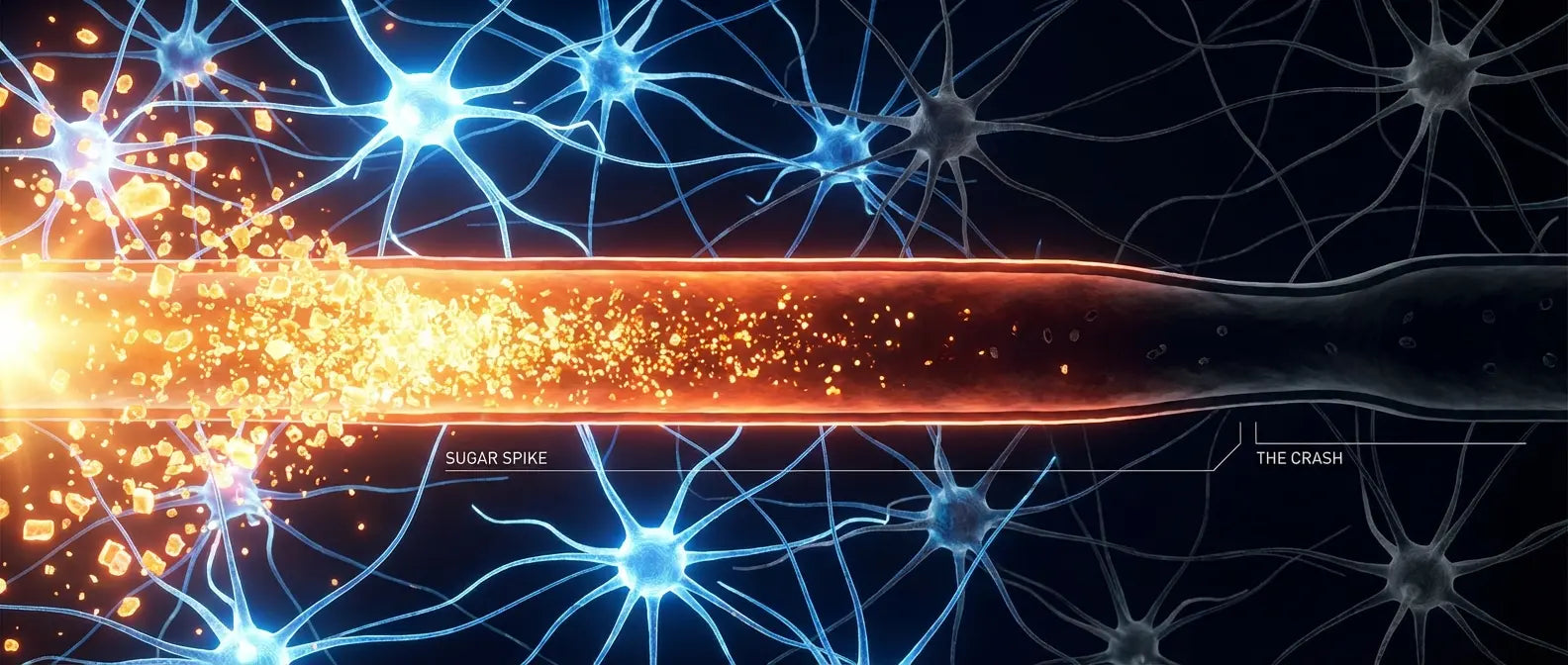3D medical illustration showing a blood sugar spike followed by a hypoglycemic crash, explaining the biological mechanism of brain fog after eating.