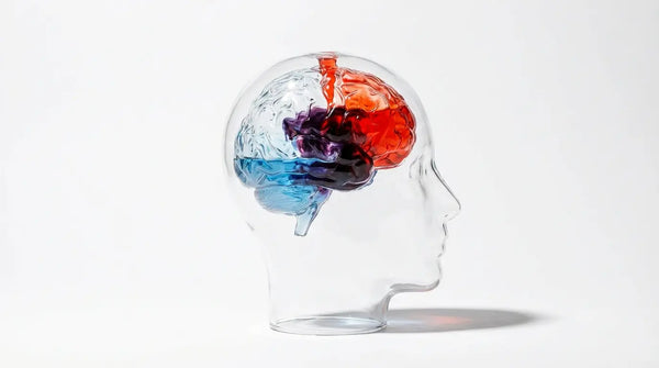 Glass head profile with blue and red fluids mixing to create a dark reaction, visualizing the dangerous chemical interaction of serotonin syndrome.